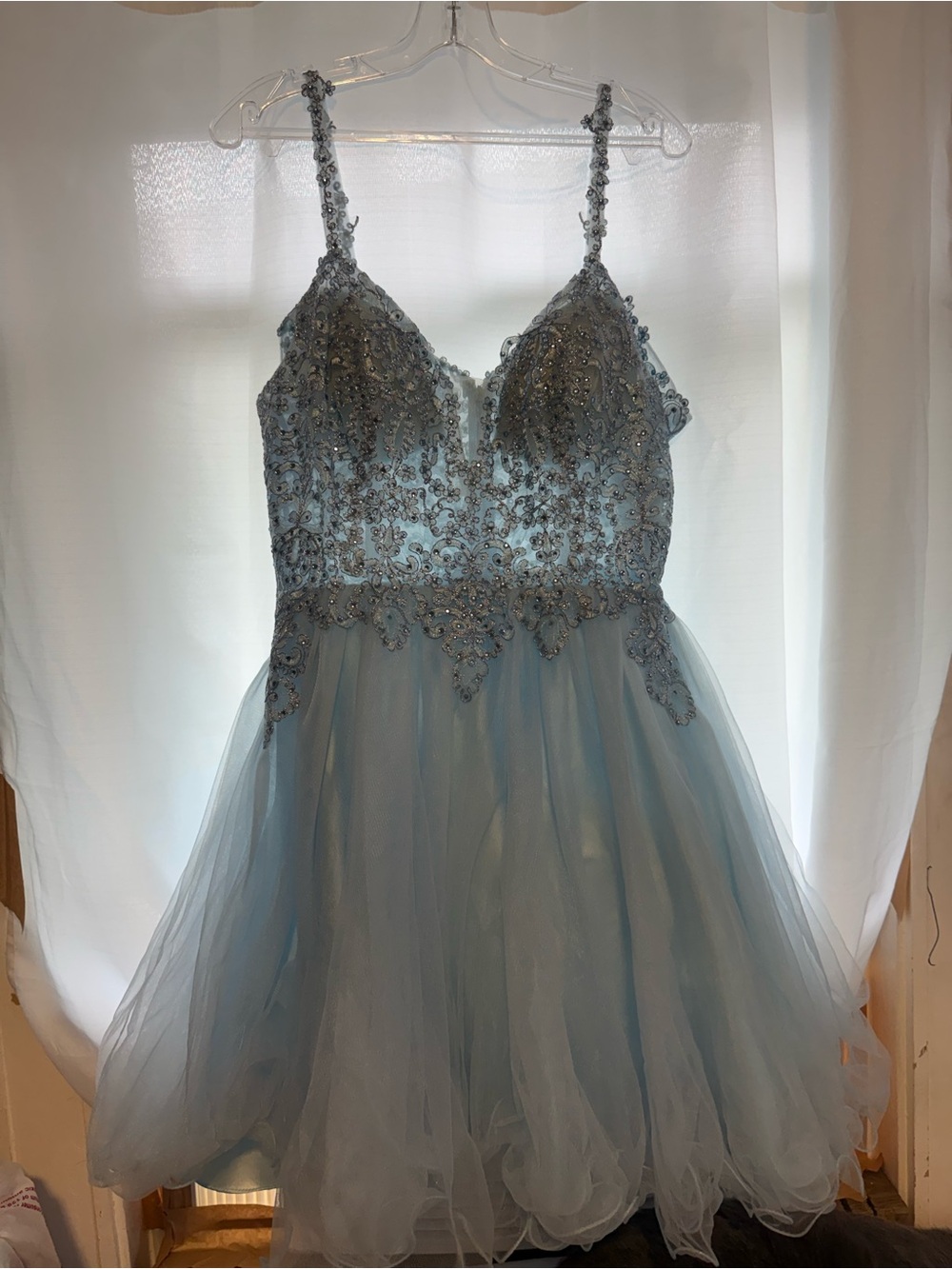 May Queen Powder Blue Beaded Tulle Party Dress
